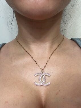 CC Chanel Pink and Gold Crystal Interlocking CC Pendant Necklace
